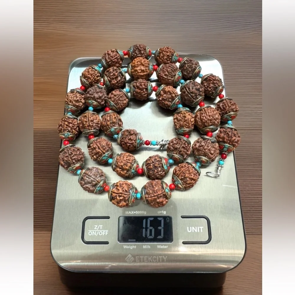 Vintage Rudraksha Yoga Necklace Capped With Bronze Inlay Turquoise & Coral 35”in - Picture 10 of 10